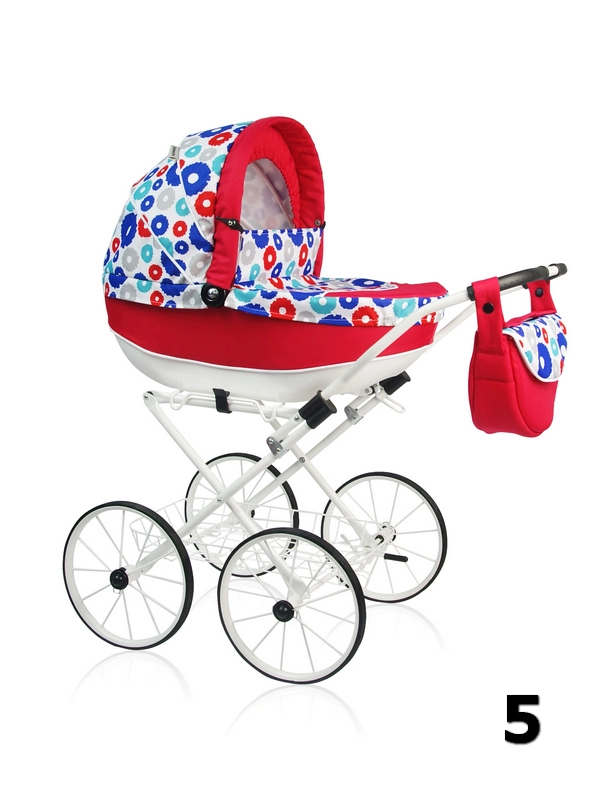 Laila Prampol - czerwony wózek dla lalek z niebieskimi oraz szarymi kwiatuszkami