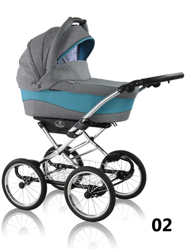 Soft Line Chrome - a gray and blue baby stroller on a classic frame with big wheels