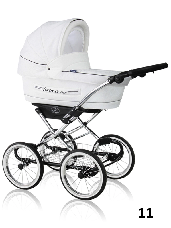 Verona Eko Chrome Prampol - elegancki, biały wózek dla dziecka w klasycznym stylu, z dużymi kółkami