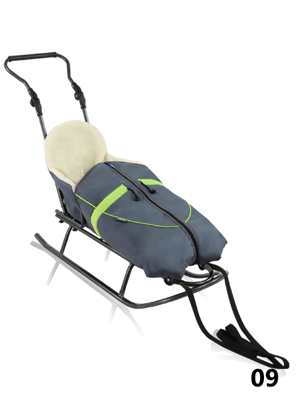 Rasper - sledge for children with a gray and green sleeping bag