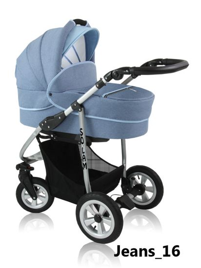 Solam - pram for a child frm a fabric that looks like denim