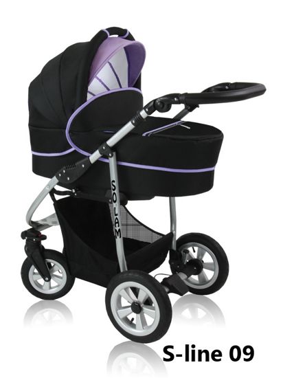 Solam - czarny wózek dziecięcy z fioletowymi dodatkami