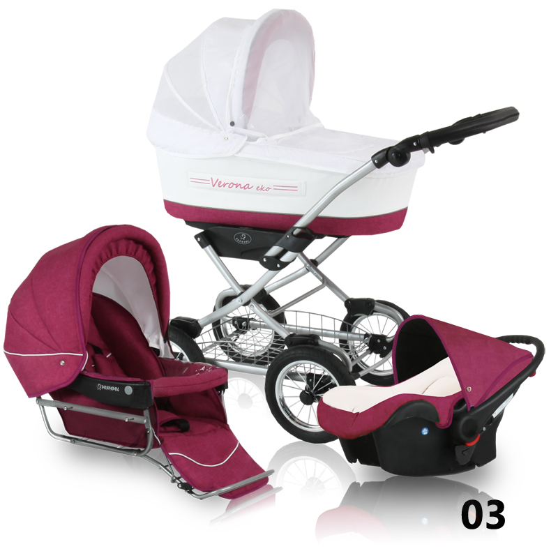 Verona Eko Prampol - a 3in1 set of a pink and white baby stroller in a retro style