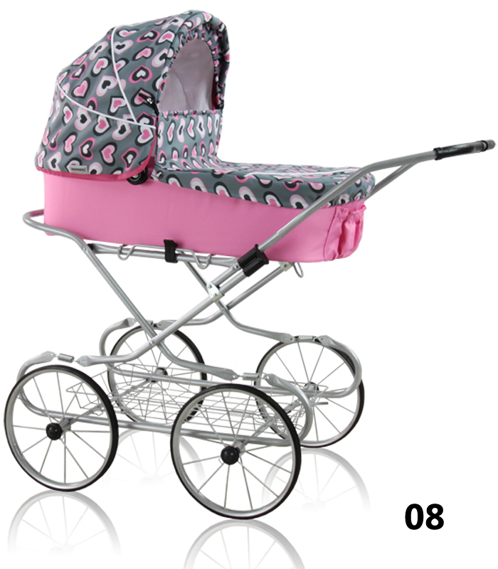 Emilie - a pink doll pram with hearts in a classic style