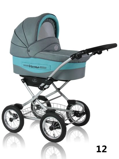 Verona - gray pram for a baby on big wheels with blue accent
