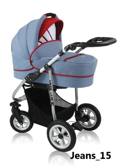 Solam - fabric in denim color, baby pram with red details