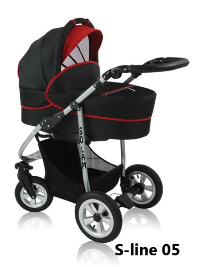Solam - black pram for baby with red details