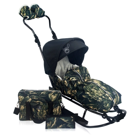 Rasper Premium 9in1 - sled for children with a sleeping bag, hood, backrest, insulated hand muffs, height-adjustable push handle and footrests, optionally a large bag and cosmetics bag for mother